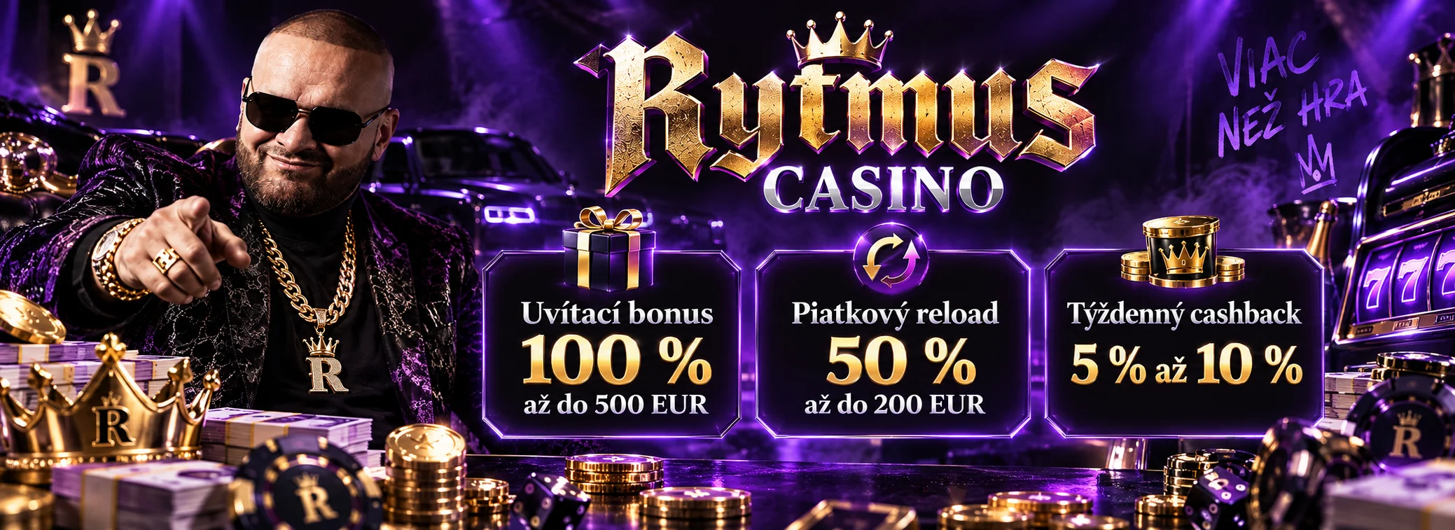 Bonusy Rytmus Casino: fialové žetóny a darčeková krabica s uvítacou ponukou